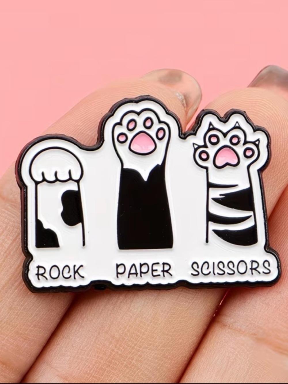 Rock Paper Scissors Cat Paw Enamel Pin - Black, White & Pink